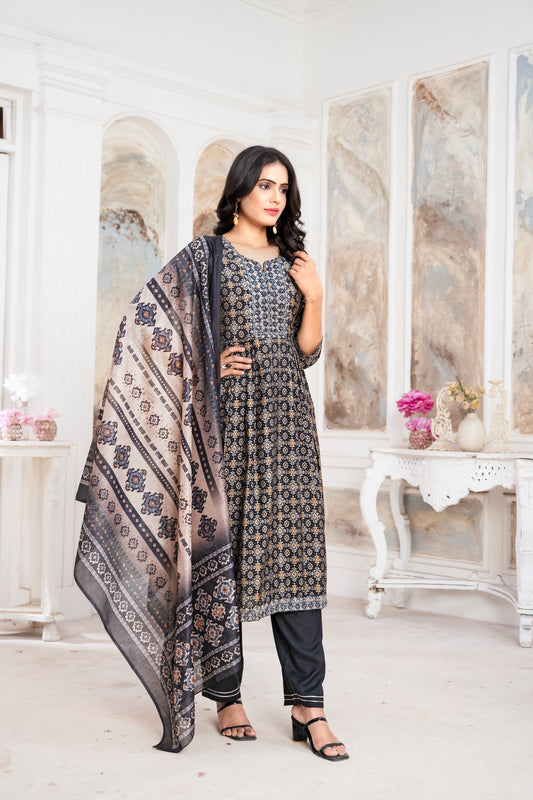 Elegant Anarkali Kurti in Ajrakh Print with Exquisite Embroidery